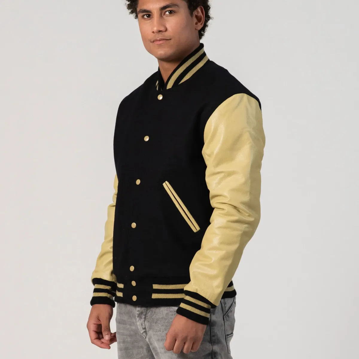 Black Wool Body & Vegas Gold Leather Sleeves Letterman Jacket